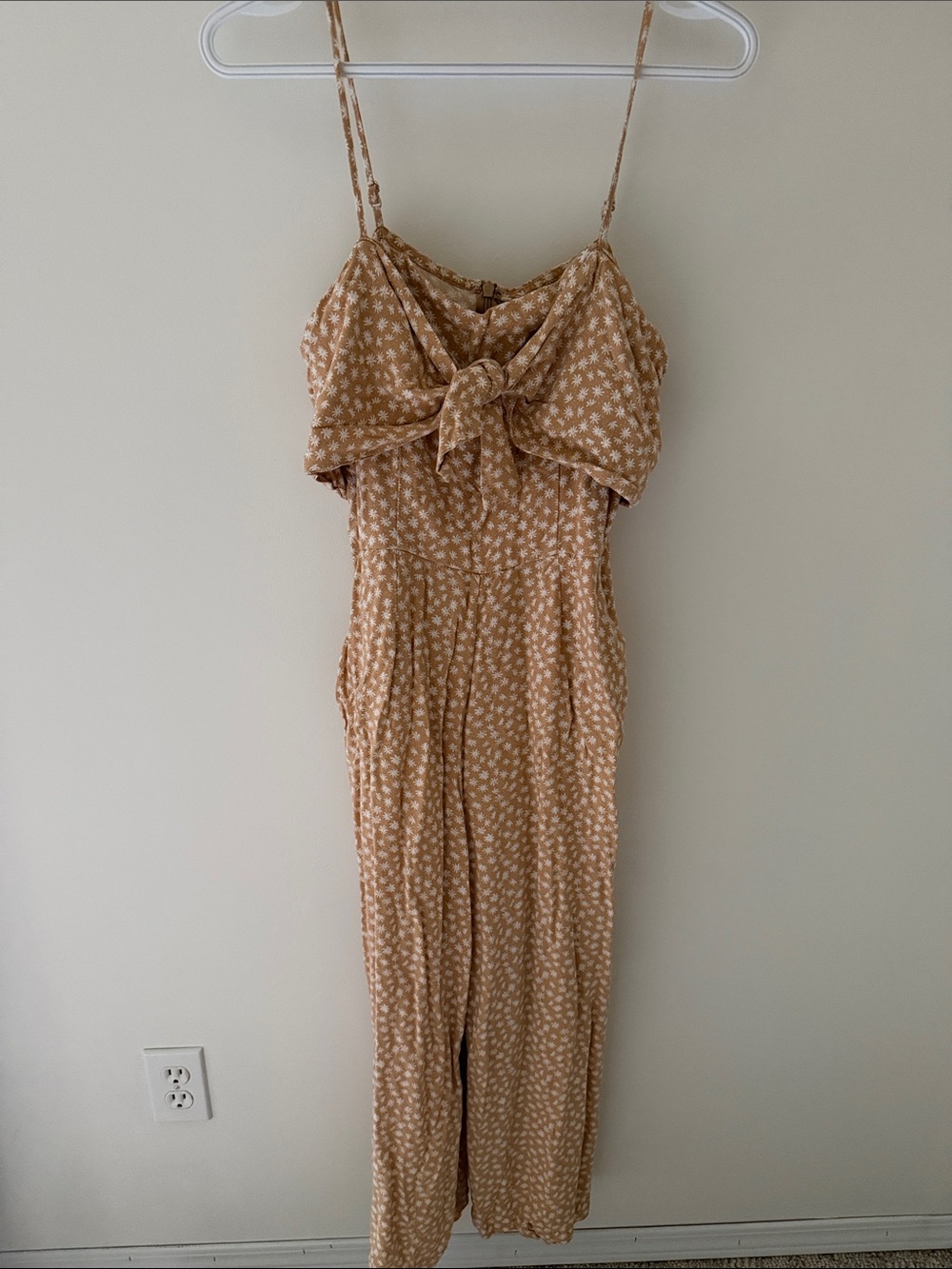 twik Beige Floral Tie-Front Spaghetti-Strap Jumpsuit